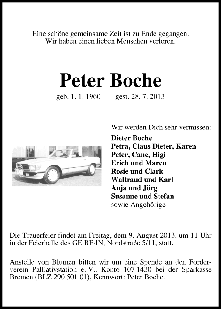 Traueranzeige von Peter Boche von WESER-KURIER