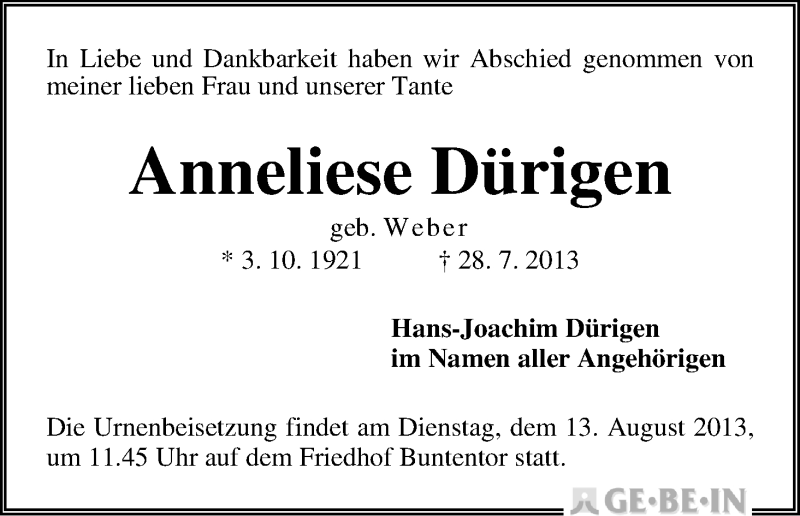 Traueranzeige von Anneliese Dürigen von WESER-KURIER