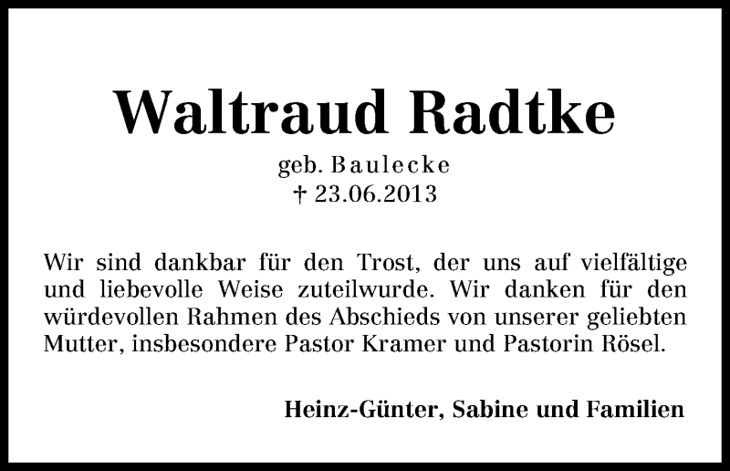 Traueranzeige von Waltraud Radtke von WESER-KURIER