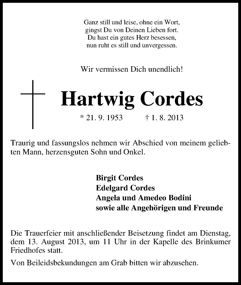 Traueranzeige von Hartwig Cordes von WESER-KURIER