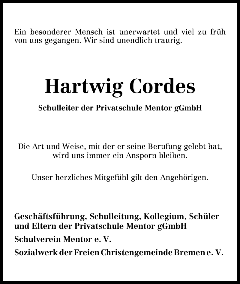 Traueranzeige von Hartwig Cordes von WESER-KURIER
