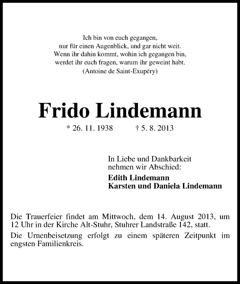 Traueranzeige von Frido Lindemann von WESER-KURIER