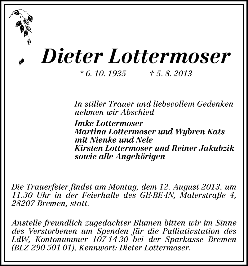 Traueranzeige von Dieter Lottermoser von WESER-KURIER