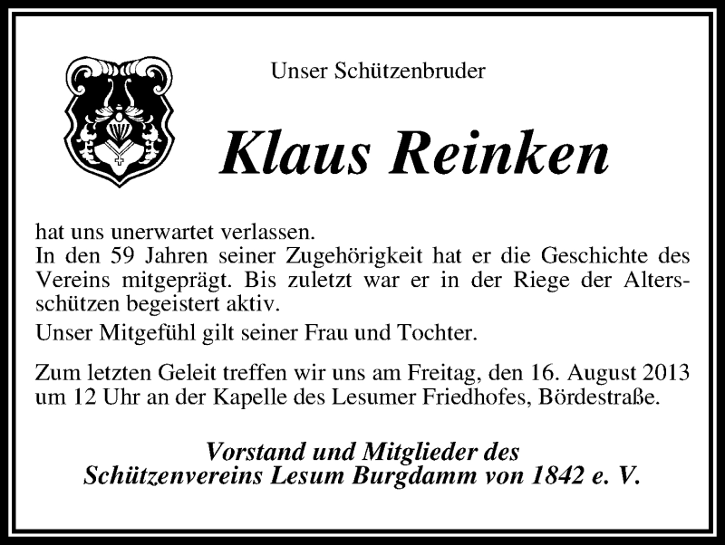 Traueranzeige von Klaus Reinken von WESER-KURIER