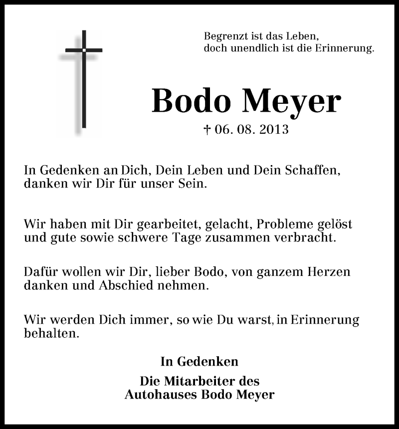  Traueranzeige für Bodo Meyer vom 09.08.2013 aus WESER-KURIER
