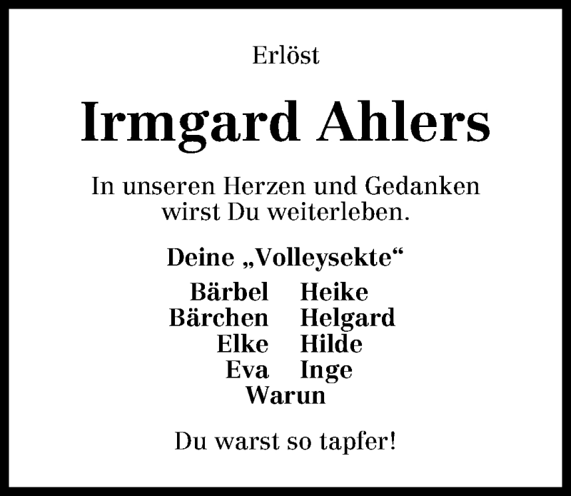Traueranzeige von Irmgard Ahlers von WESER-KURIER