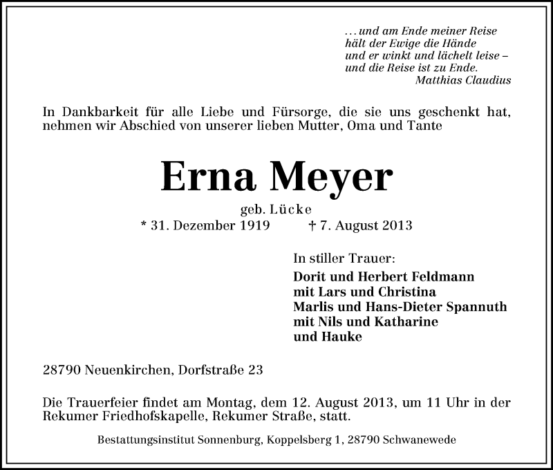 Traueranzeige von Erna Meyer von WESER-KURIER