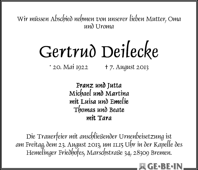 Traueranzeige von Gertrud Deilecke von WESER-KURIER