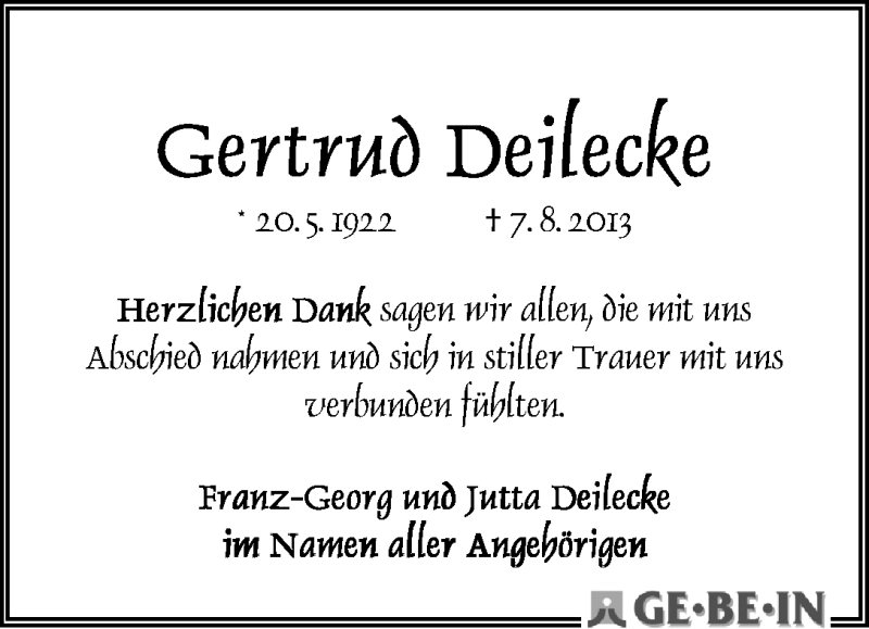 Traueranzeige von Gertrud Deilecke von WESER-KURIER