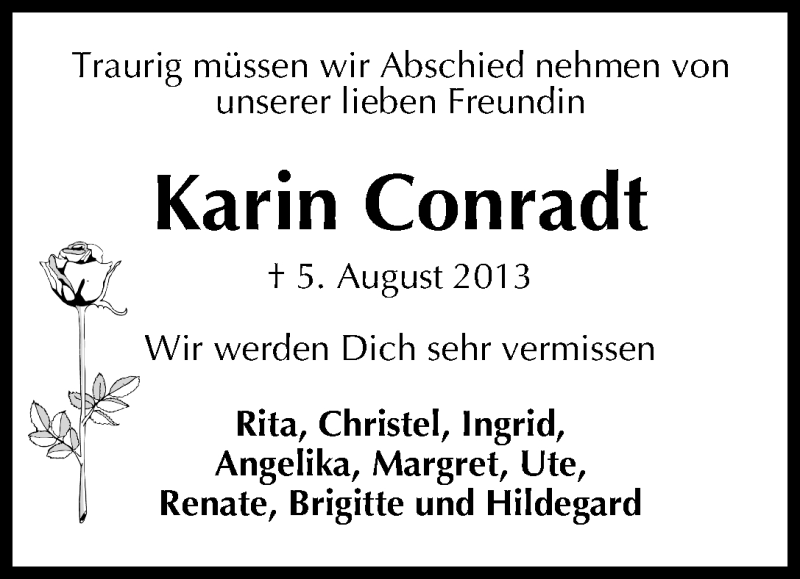  Traueranzeige für Karin Conradt vom 10.08.2013 aus WESER-KURIER