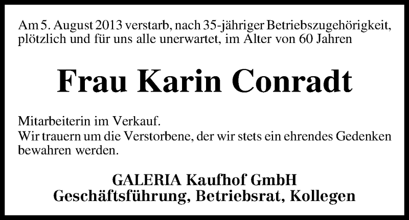  Traueranzeige für Karin Conradt vom 10.08.2013 aus WESER-KURIER