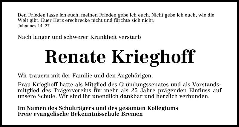Traueranzeige von Renate Krieghoff von WESER-KURIER