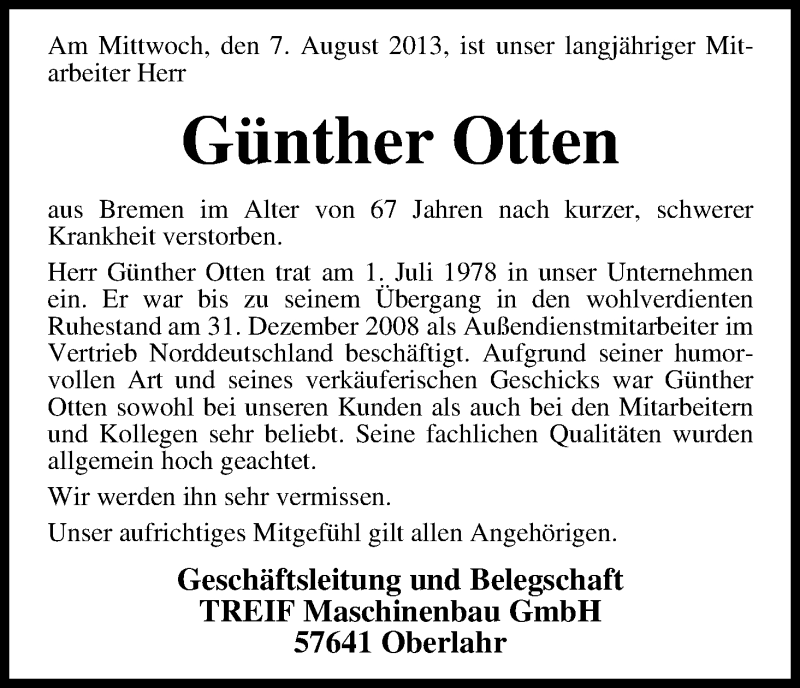Traueranzeige von Günther Otten von WESER-KURIER