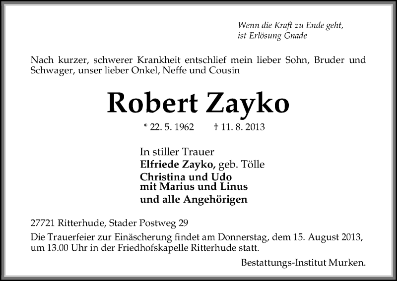  Traueranzeige für Robert Zayko vom 13.08.2013 aus WESER-KURIER