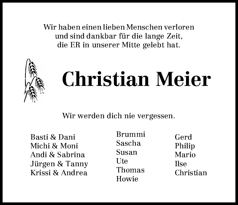  Traueranzeige für Christian Meier vom 13.08.2013 aus WESER-KURIER