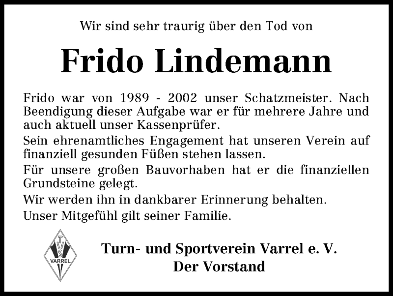 Traueranzeige von Frido Lindemann von WESER-KURIER
