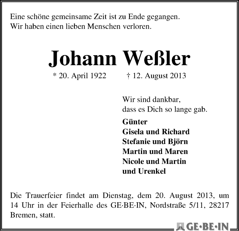 Traueranzeige von Johann Weßler von WESER-KURIER