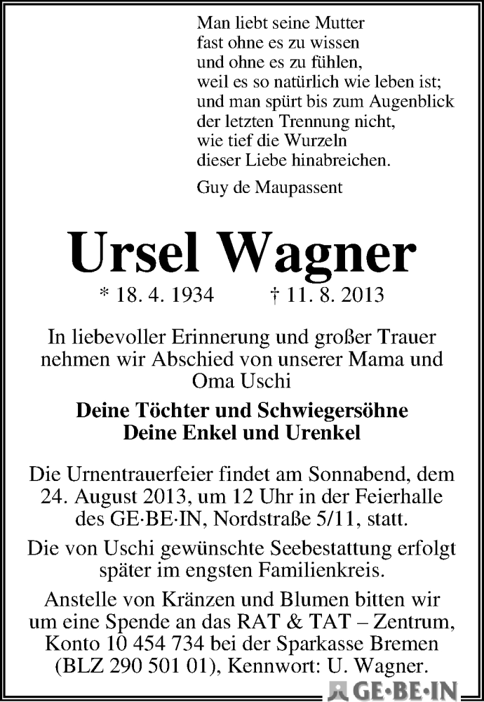 Traueranzeige von Ursel Wagner von WESER-KURIER