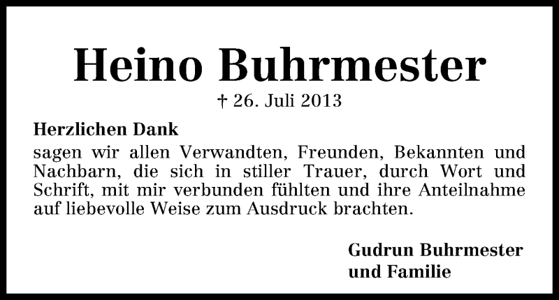 Traueranzeige von Heino Buhrmeister von WESER-KURIER