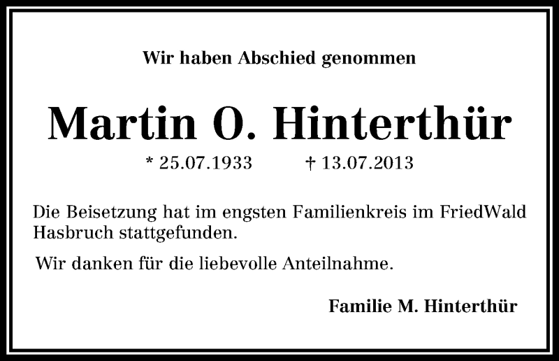  Traueranzeige für Martin Hinterthür vom 17.08.2013 aus WESER-KURIER