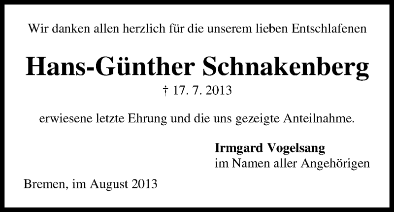 Traueranzeige von Hans-Günter Schnakenberg von WESER-KURIER