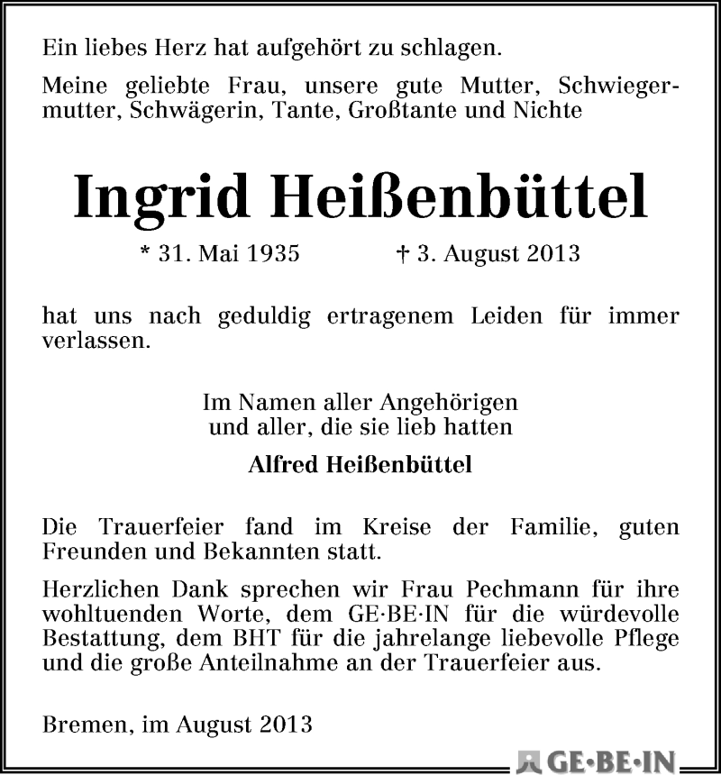 Traueranzeige von Ingrid Heißenbüttel von WESER-KURIER