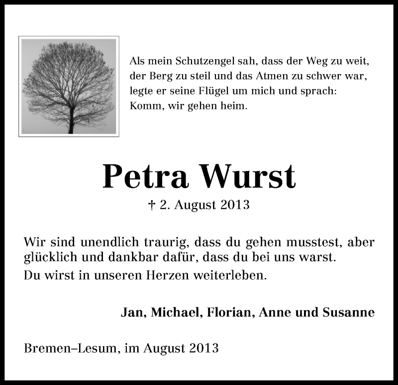  Traueranzeige für Petra Wurst vom 17.08.2013 aus WESER-KURIER