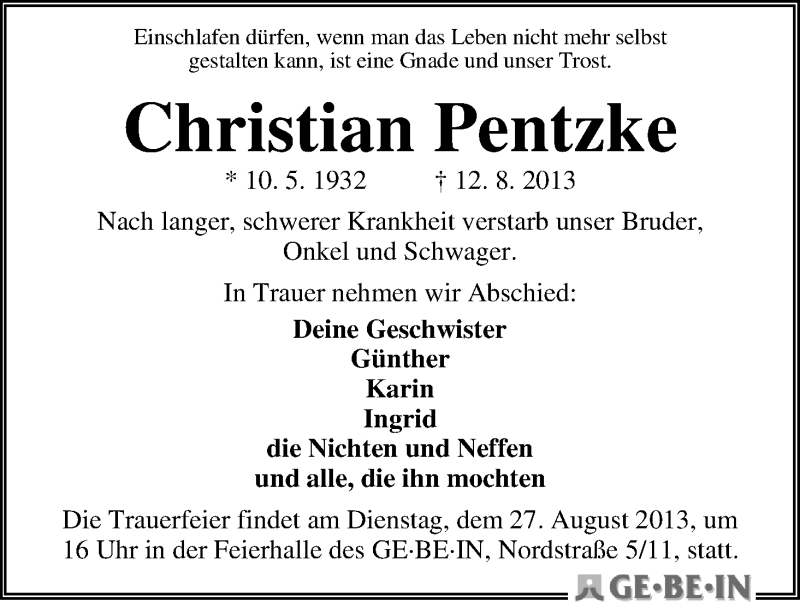 Traueranzeige von Christian Pentzke von WESER-KURIER