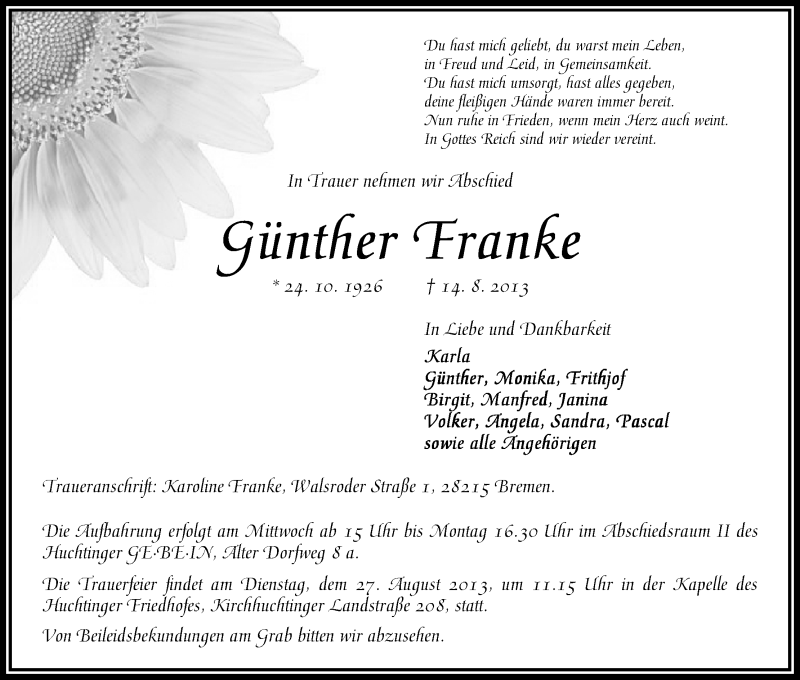 Traueranzeige von Günther Franke von WESER-KURIER