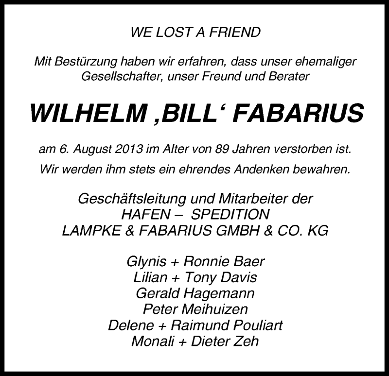  Traueranzeige für Wilhelm Fabarius vom 19.08.2013 aus WESER-KURIER