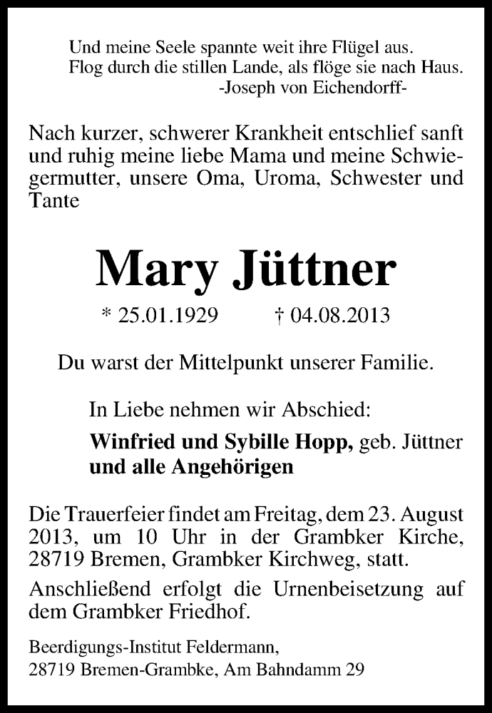  Traueranzeige für Mary Jüttner vom 20.08.2013 aus WESER-KURIER