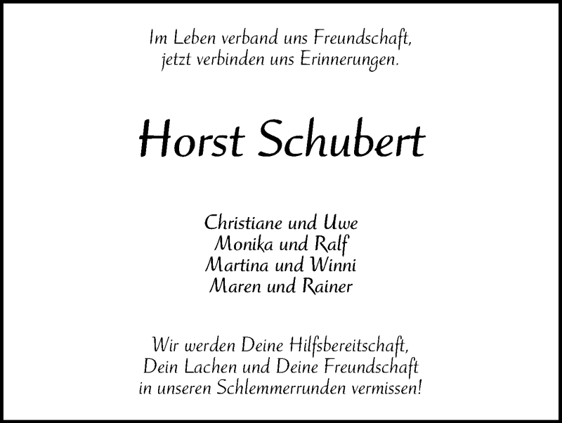 Traueranzeige von Horst Schubert von WESER-KURIER
