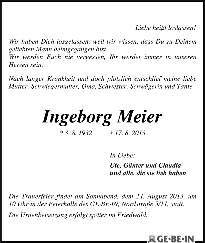 Traueranzeige von Ingeborg Meier von WESER-KURIER