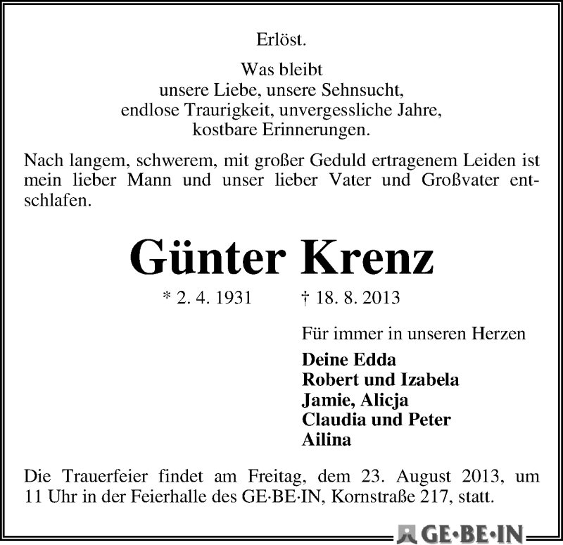 Traueranzeige von Günter Krenz von WESER-KURIER