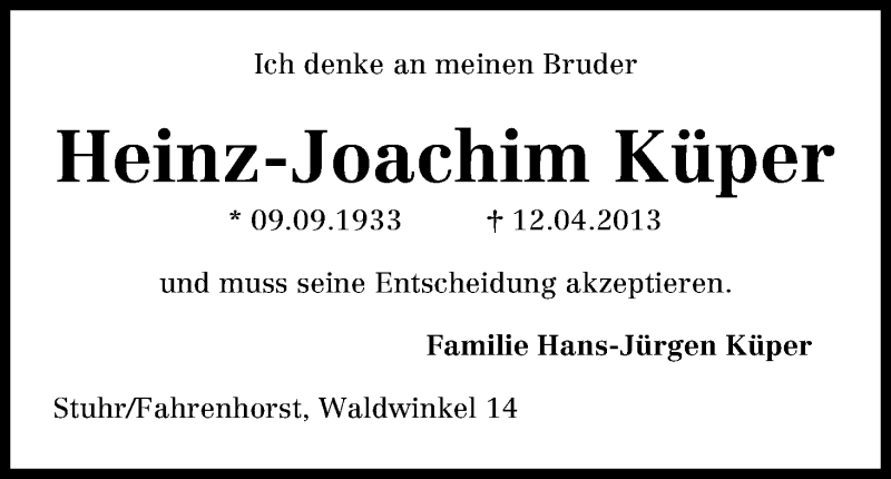 Traueranzeige von Heinz-Joachim Küper von WESER-KURIER