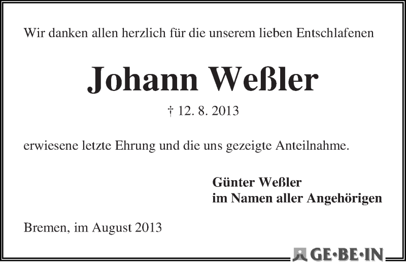 Traueranzeige von Johann Weßler von WESER-KURIER