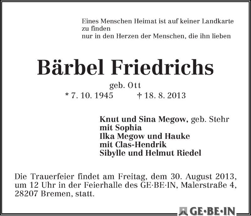 Traueranzeige von Bärbel Friedrichs von WESER-KURIER