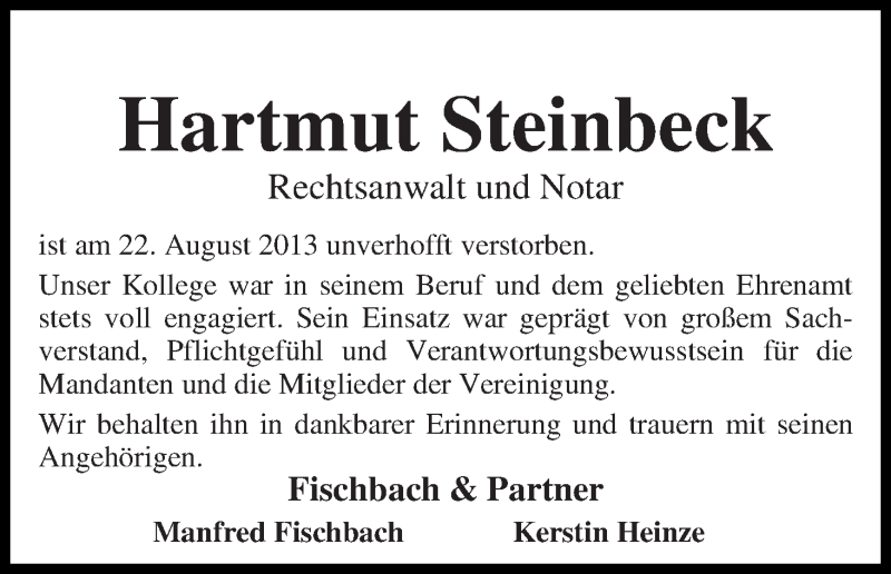  Traueranzeige für Hartmut Steinbeck vom 27.08.2013 aus WESER-KURIER