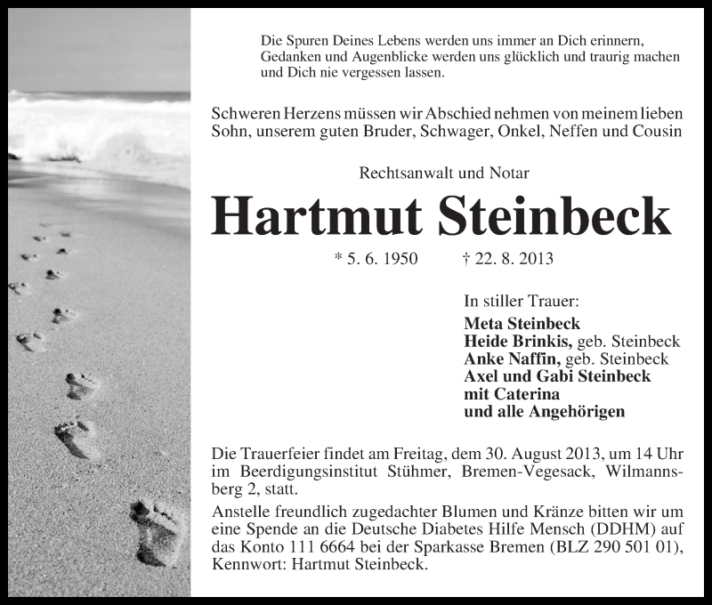  Traueranzeige für Hartmut Steinbeck vom 27.08.2013 aus WESER-KURIER