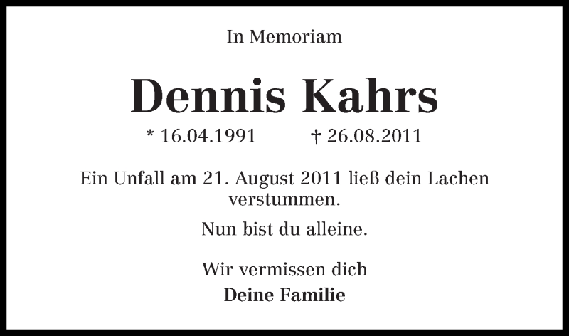  Traueranzeige für Dennis Kahrs vom 27.08.2013 aus WESER-KURIER