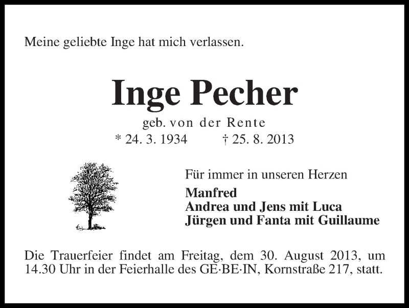 Traueranzeige von Inge Pecher von WESER-KURIER