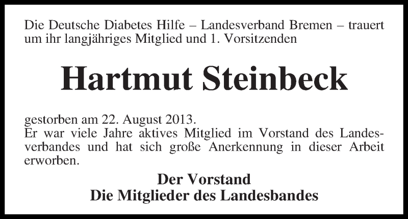  Traueranzeige für Hartmut Steinbeck vom 28.08.2013 aus WESER-KURIER