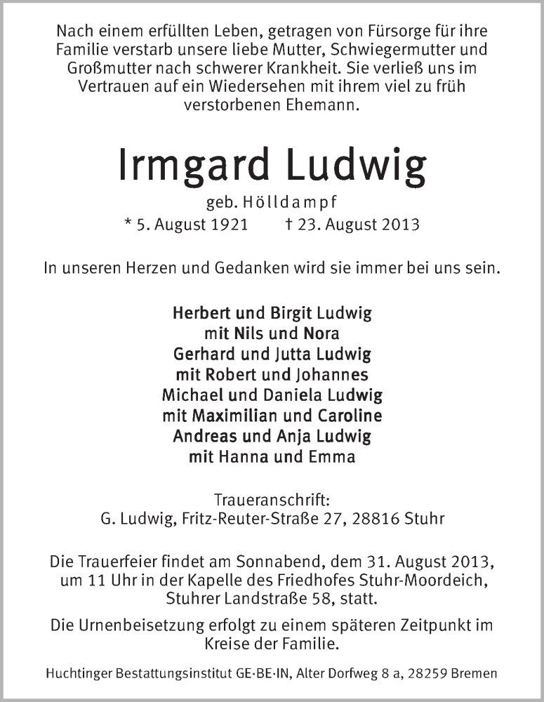 Traueranzeige von Irmgard Ludwig von WESER-KURIER