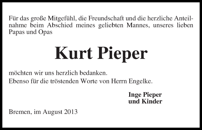 Traueranzeige von Kurt Pieper von WESER-KURIER