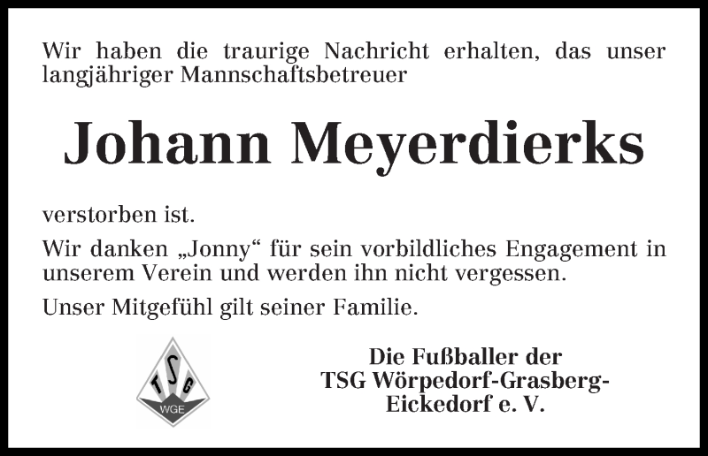 Traueranzeige von Johann Meyerdierks von WESER-KURIER
