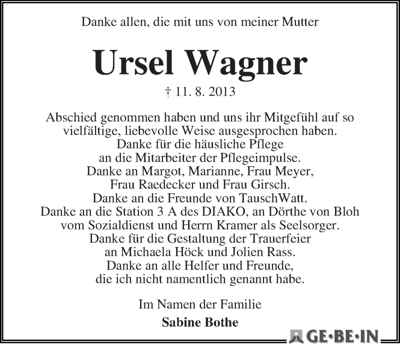  Traueranzeige für Ursel Wagner vom 31.08.2013 aus WESER-KURIER