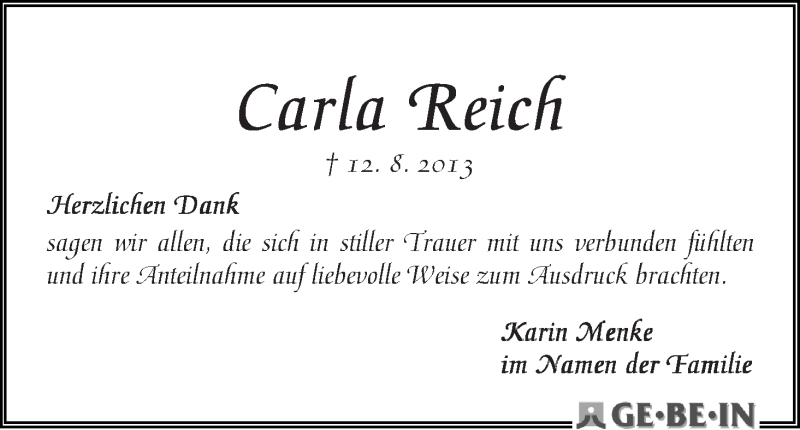 Traueranzeige von Carla Reich von WESER-KURIER