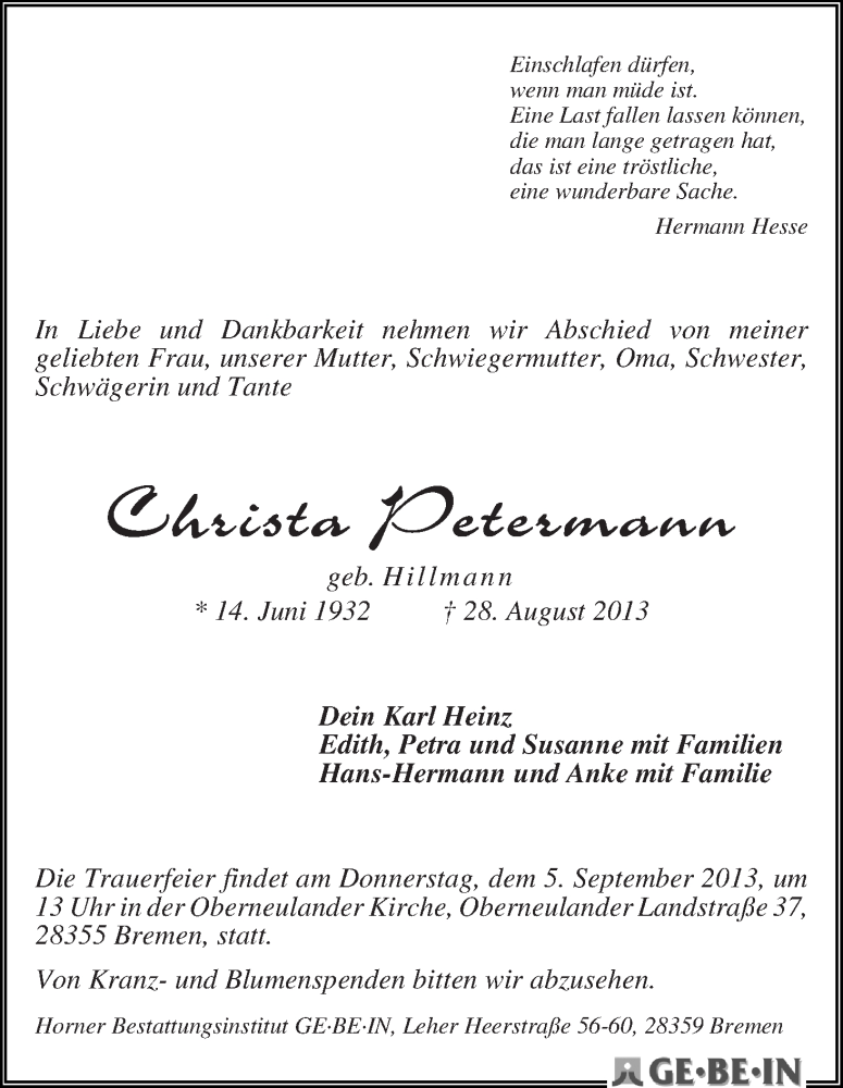 Traueranzeige von Christa Petermann von WESER-KURIER
