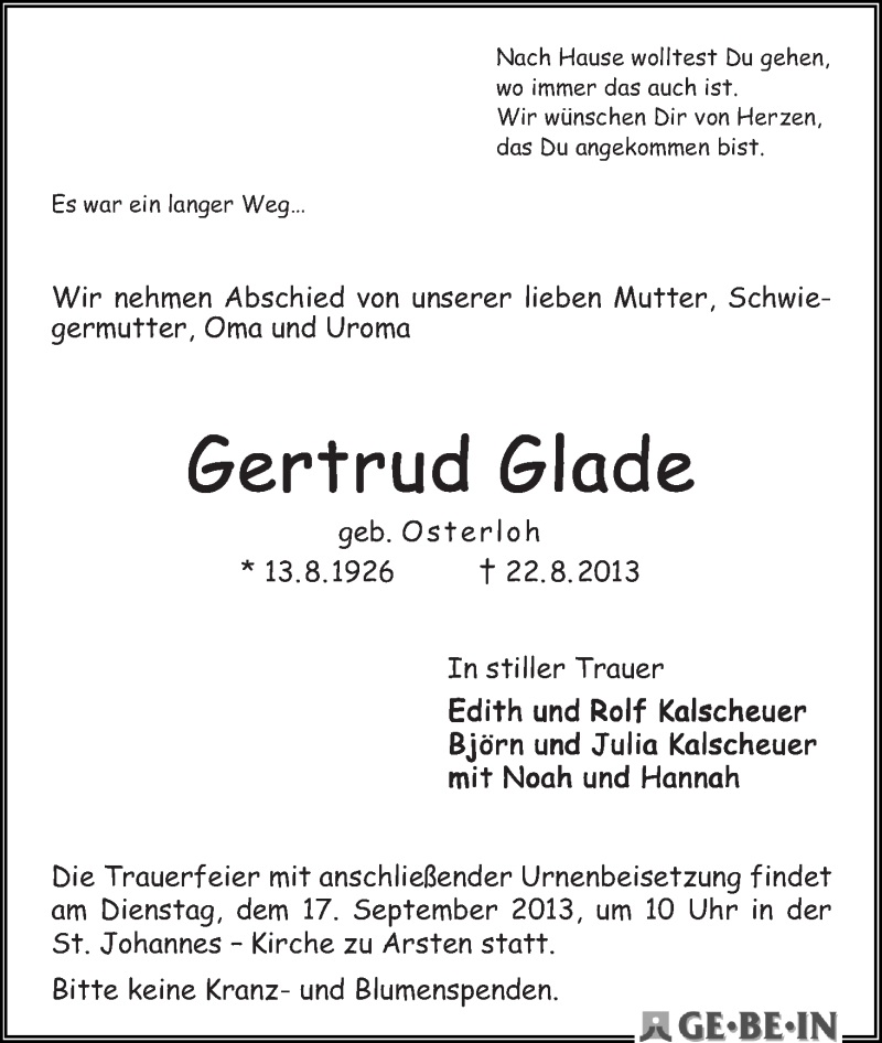 Traueranzeige von Gertud Glade von WESER-KURIER