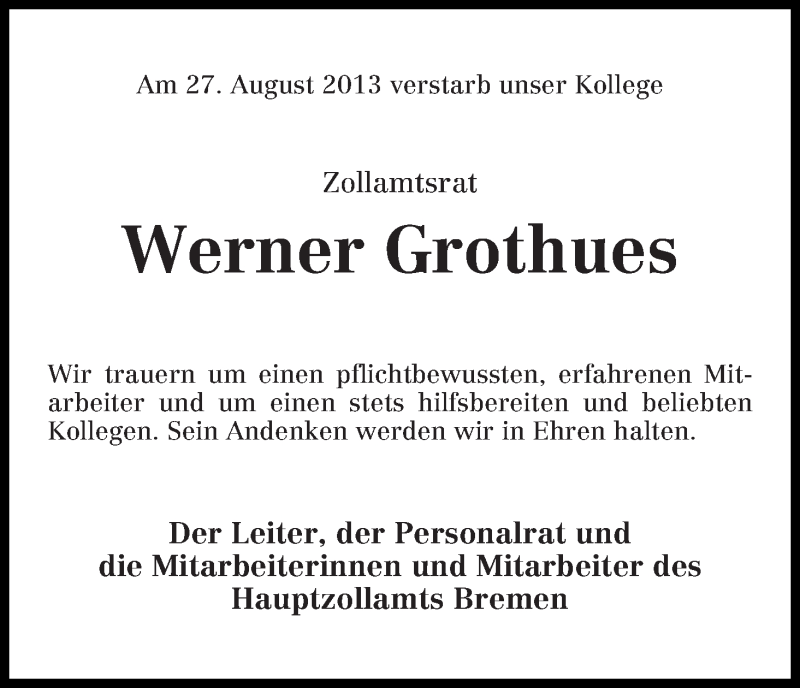Traueranzeige von Werner Grothues von WESER-KURIER